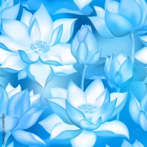 Lotus buds and flowers seamless vector pattern., Water lilly nelumbo aquatic plant botanical design.