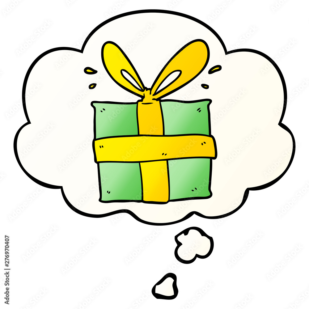 cartoon wrapped gift and thought bubble in smooth gradient style