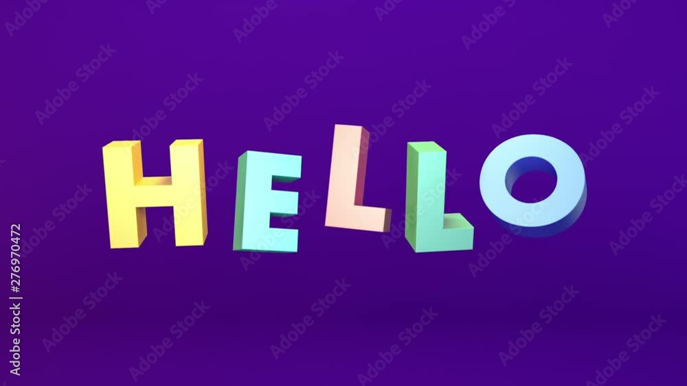 Floating word Hello. 3d render animated text flying in the air. Colorful rotating letters in rainbow colors Floating word Hello. 3d render animated text flying in the air. Colorful rotating letters in rainbow colors