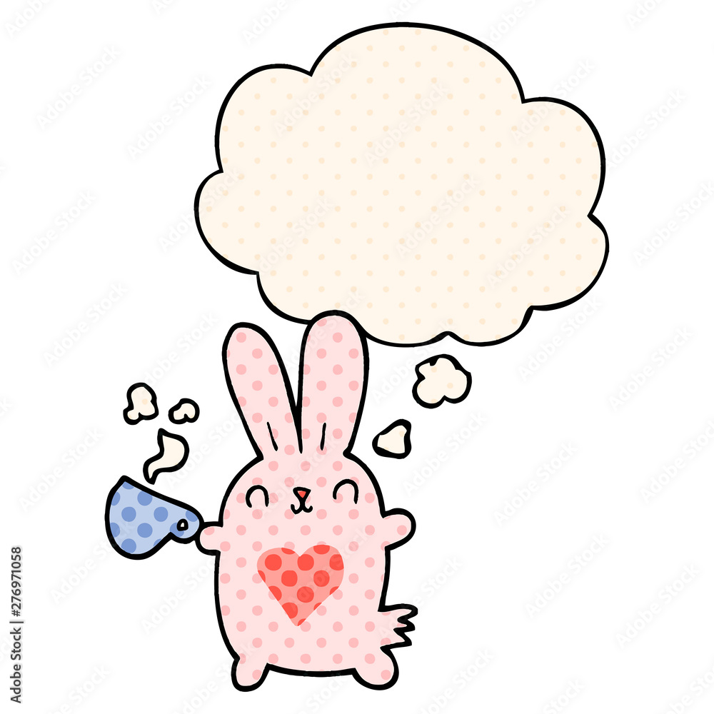 cute cartoon rabbit with love heart and coffee cup and thought bubble in comic book style cute cartoon rabbit with love heart and coffee cup and thought bubble in comic book style