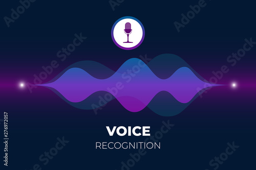 Personal assistant and voice recognition concept. Microphone button with bright gradient sound waves. Soundwave intelligent technologies flat vector illustration