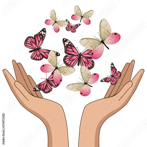 Hands release pink butterflies. Image isolated on white background. Vector graphics.