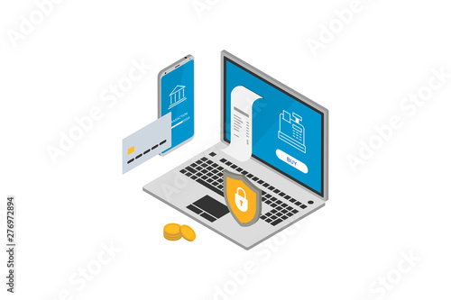 Safe and easy e-payments online purchase on smartphone using financial app. Payment being processed using bank card internet transaction protection. Isometric 3d vector illustration