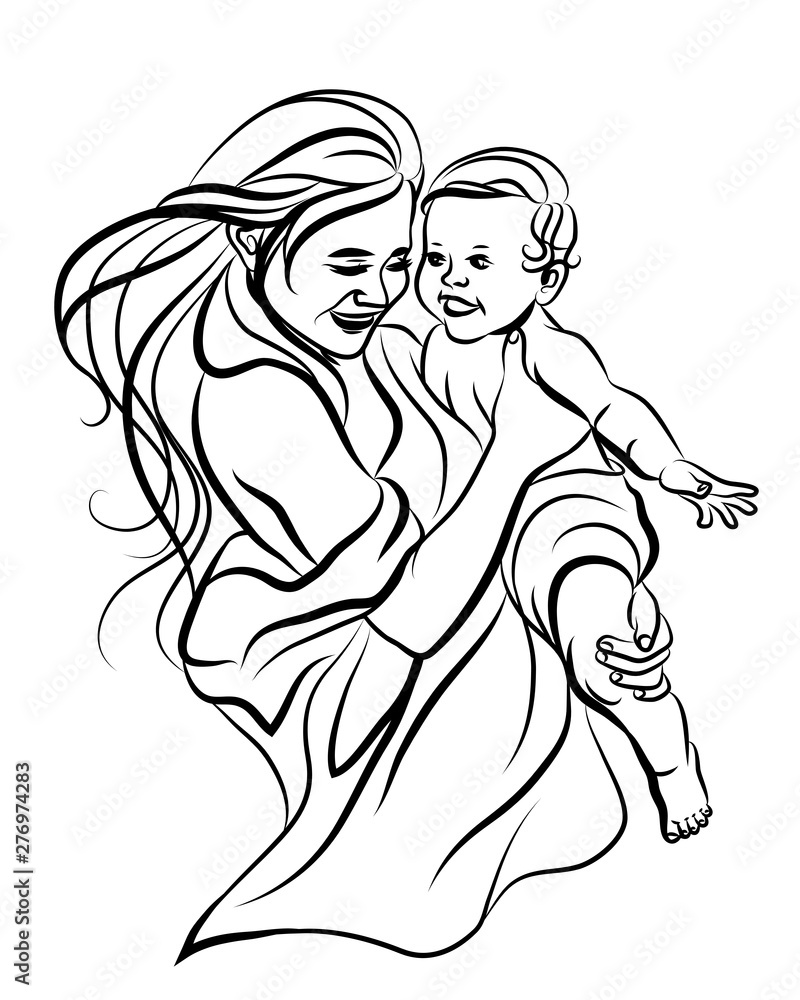 Mother with baby. Hand-drawn, black and white sketch depicting a happy mother holding a baby in her arms on a white background.
