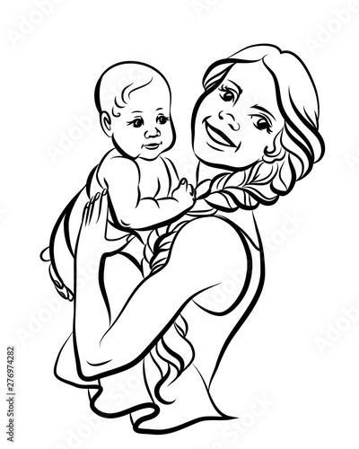 Mother with a baby in her arms. Hand-drawn  black and white sketch depicting a happy mother holding a baby in her arms on a white background.