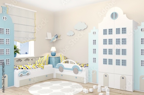 Children's room for two boys in Scandinavian style. Wardrobe in the form of Amsterdam houses. 3D rendering.