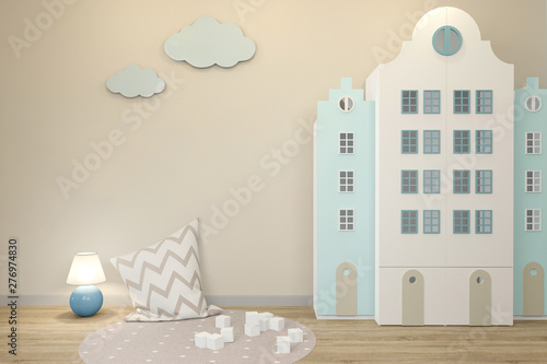 Empty wall in the interior of the children's room in the Scandinavian style. Included a night light. Wardrobe in the form of Amsterdam houses. 3D rendering.