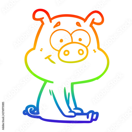 rainbow gradient line drawing happy cartoon pig sitting