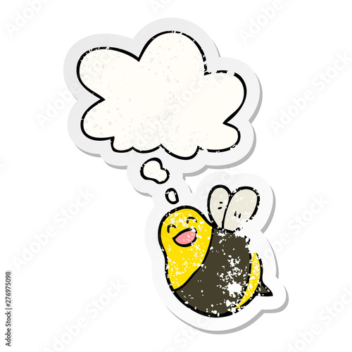 cartoon bee and thought bubble as a distressed worn sticker