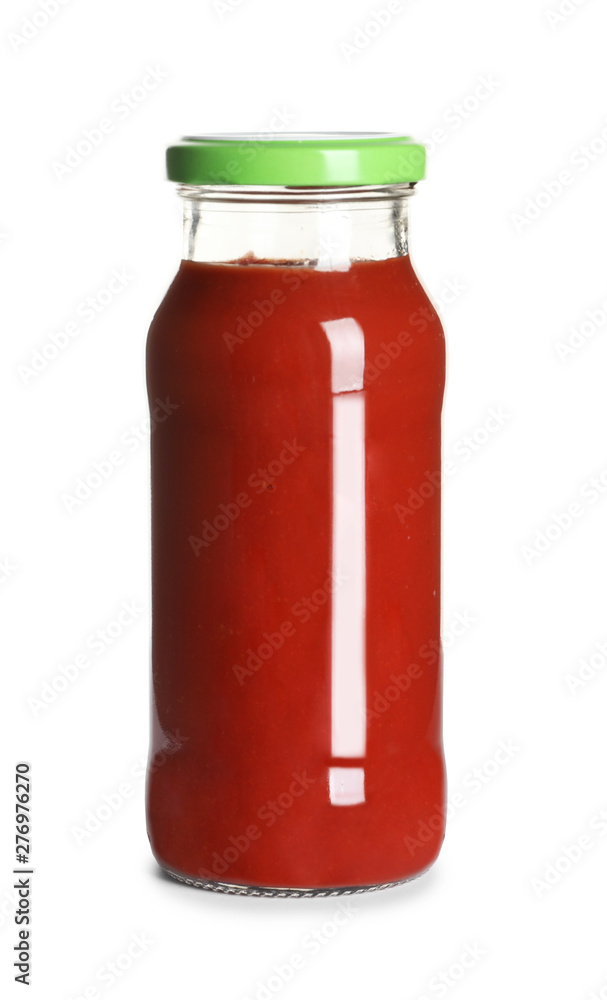 Delicious tomato sauce in glass bottle on white background Delicious tomato sauce in glass bottle on white background