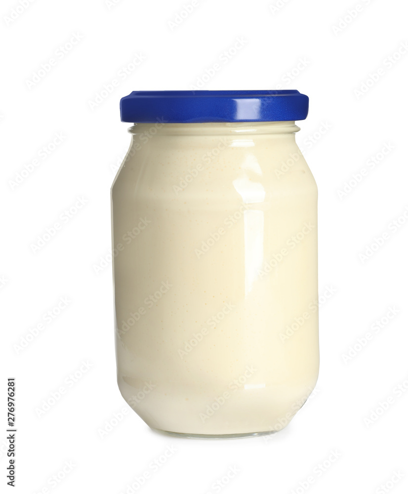 Delicious mayonnaise sauce in glass jar on white background Delicious mayonnaise sauce in glass jar on white background