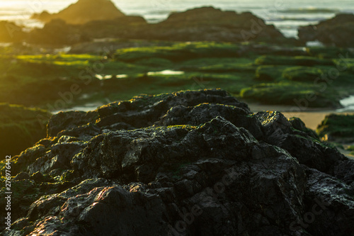 Dark grey rock with beautiful green moss background and a sun flare