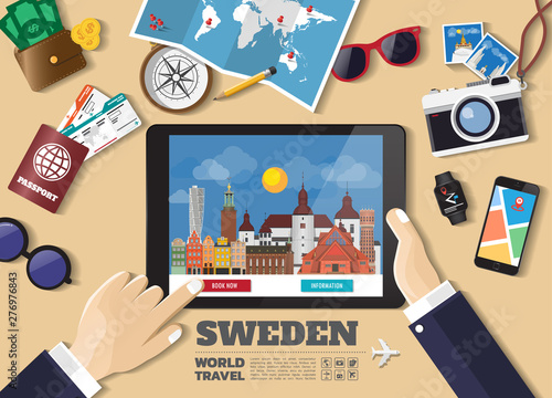 Hand holding smart tablet booking travel destination.Sweden famous places.Vector concept banners in flat style with the set of traveling objects, accessories and tourism icon.
