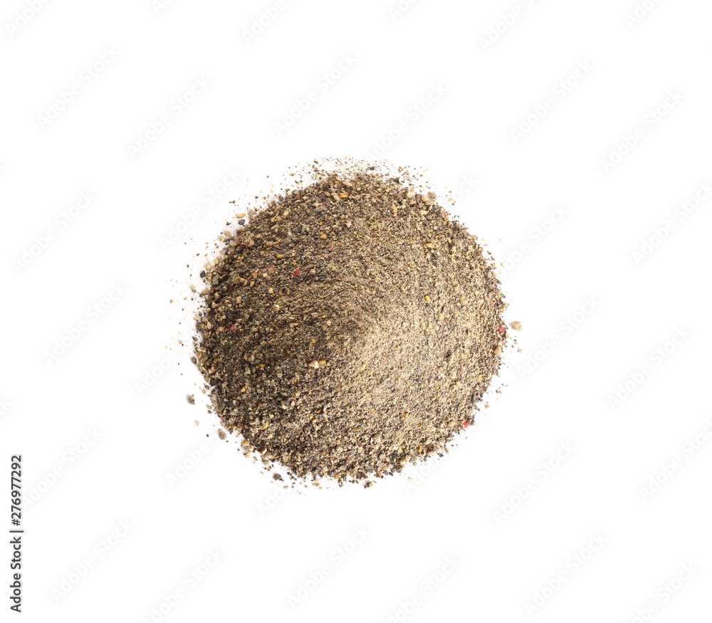 Heap of ground black pepper isolated on white, top view Heap of ground black pepper isolated on white, top view