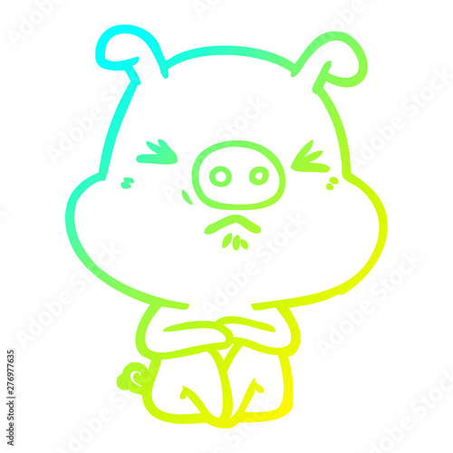 cold gradient line drawing cartoon angry pig sat waiting