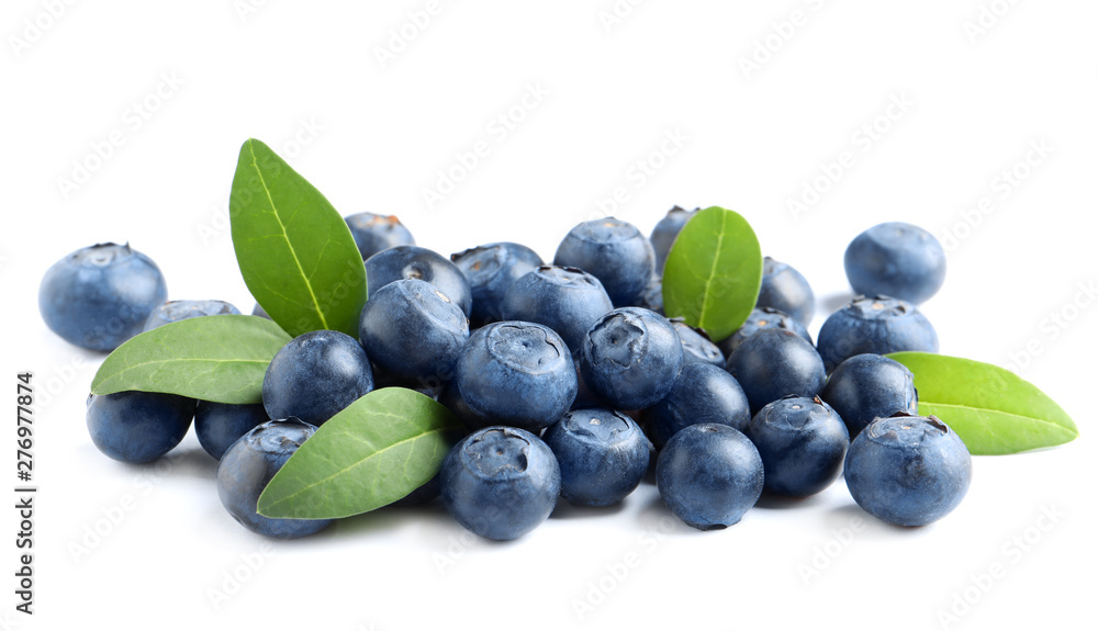 Fresh raw tasty blueberries with leaves isolated on white Fresh raw tasty blueberries with leaves isolated on white