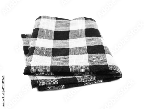 Folded black checkered kitchen towel on white background