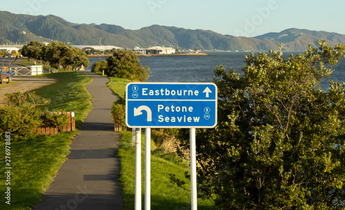 Sign on Lower Hutt walkway along waterside of Wellington Harbour