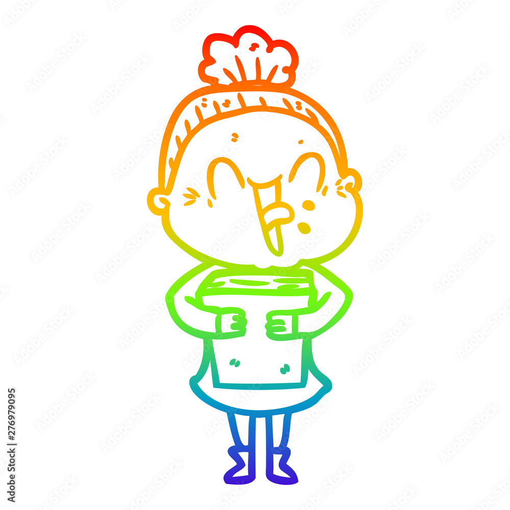 rainbow gradient line drawing cartoon happy old woman