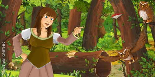 cartoon scene with happy young girl in the forest encountering pair of owls flying - illustration for children