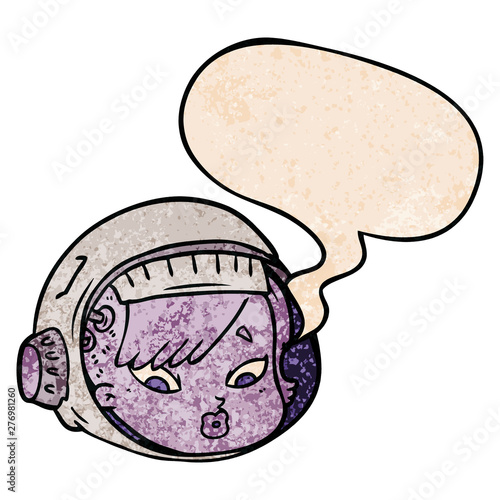 cartoon astronaut face and speech bubble in retro texture style