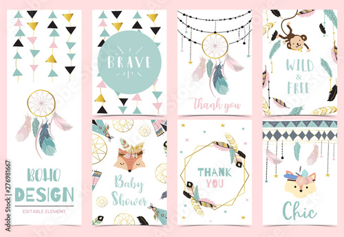Collection of boho cards set with feather,dreamcatcher,fox,monkey.Vector illustration for birthday invitation,postcard and sticker.Editable element