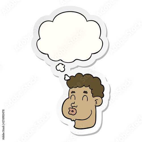 cartoon male face and thought bubble as a printed sticker