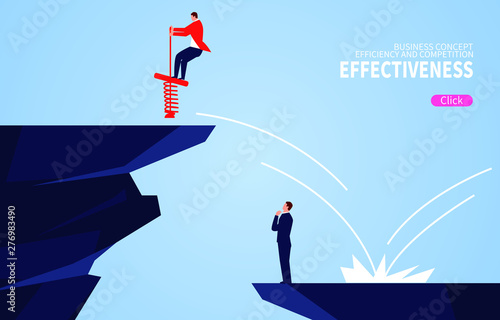Businessman uses spring to jump over the cliff while another businessman is still thinking