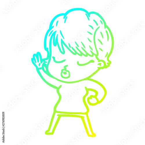 cold gradient line drawing cartoon woman with eyes shut