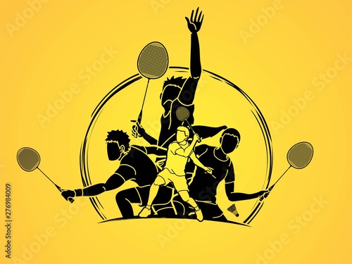 Group of Badminton players action cartoon graphic vector.