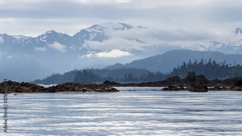 Landscape view of the sea with a rocky coastline and snow capped mountains in the background