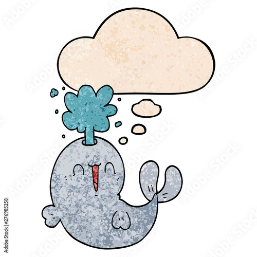 cartoon whale spouting water and thought bubble in grunge texture pattern style
