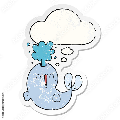 cartoon whale spouting water and thought bubble as a distressed worn sticker