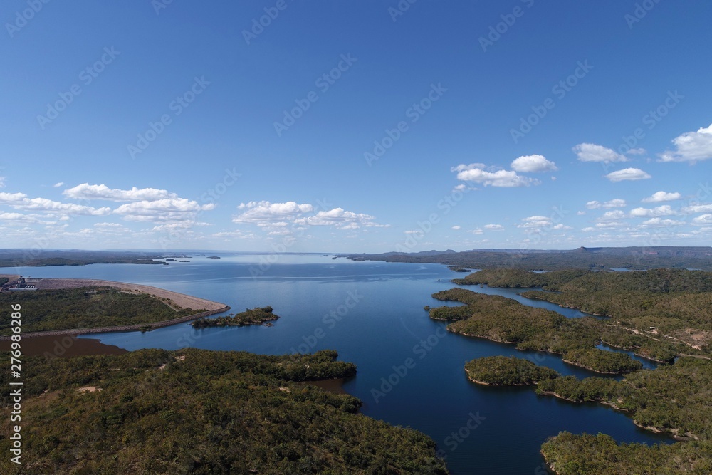 Aerial view of Manso Lagoon's hydroelectric, Mato Grosso, Brazil. Great landscape. Travel destination. Vacation travel. 