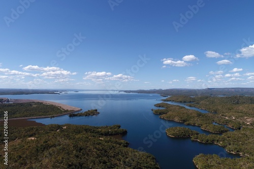 Aerial view of Manso Lagoon's hydroelectric, Mato Grosso, Brazil. Great landscape. Travel destination. Vacation travel.  © ByDroneVideos