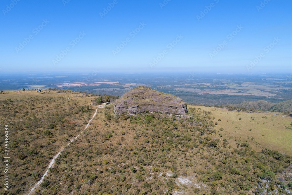 Aerial view of Alto do Céu Observatory, Chapada dos Guimarães, Mato Grosso, Brazil. Great landscape. Travel destination. Vacation travel. Sky High Observatory. Touristic point.