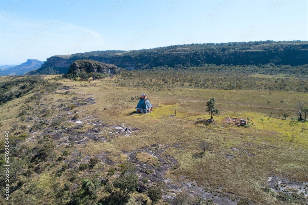 Aerial view of Alto do Céu Observatory, Chapada dos Guimarães, Mato Grosso, Brazil. Great landscape. Travel destination. Vacation travel. Sky High Observatory. Touristic point.