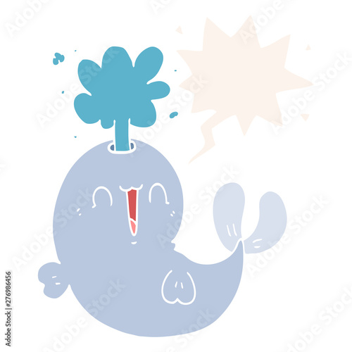cartoon whale spouting water and speech bubble in retro style