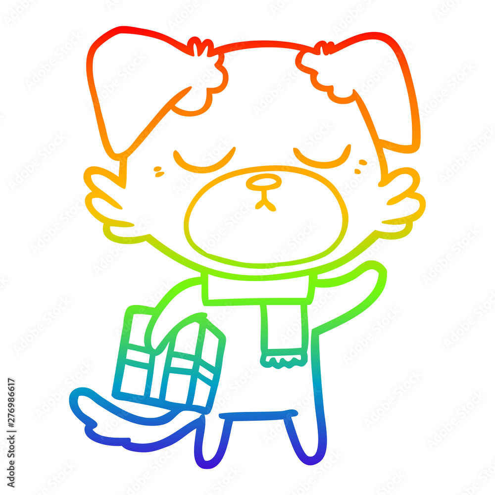 rainbow gradient line drawing cute cartoon dog with christmas present