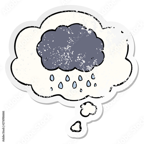 cartoon cloud raining and thought bubble as a distressed worn sticker