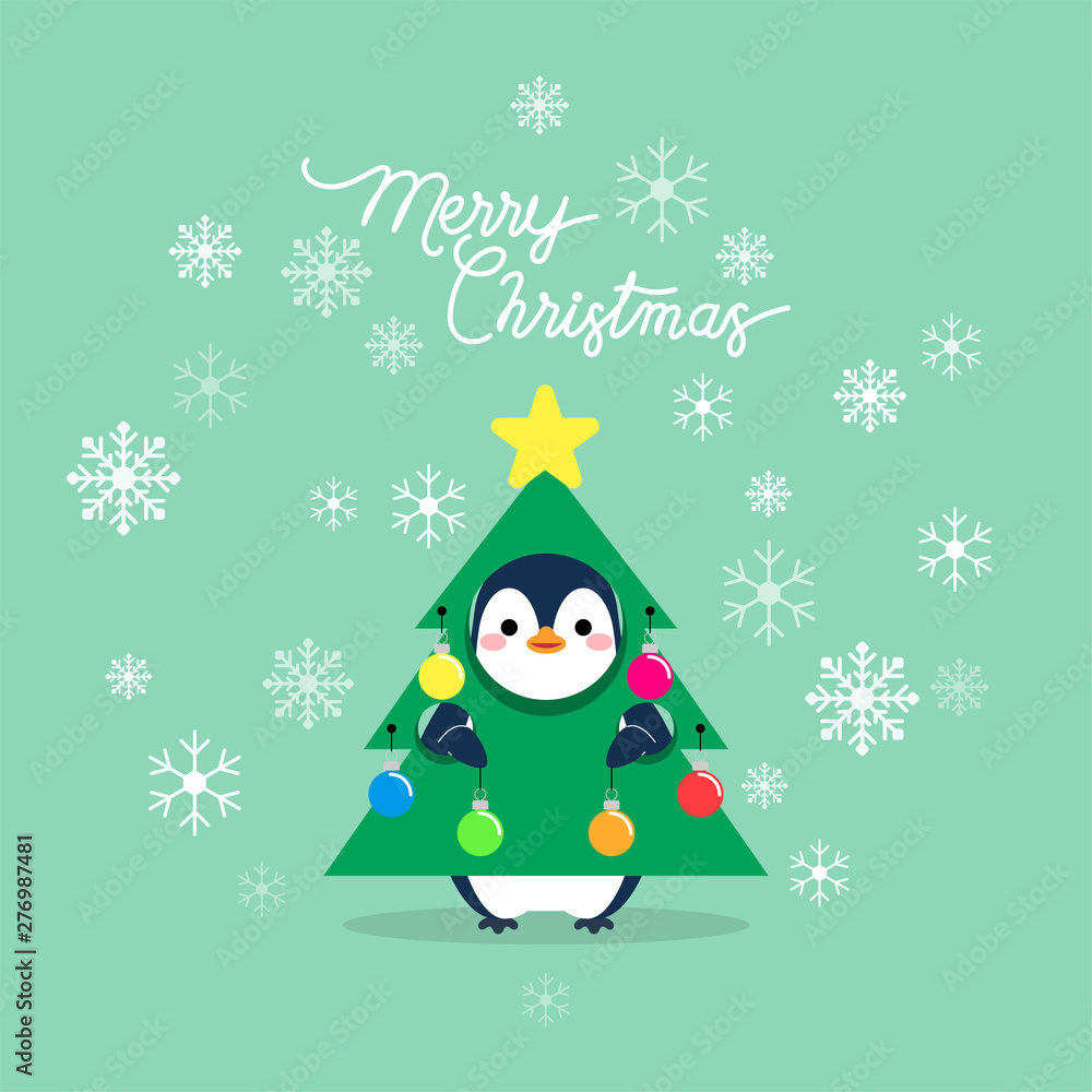 Vector holiday Christmas greeting card with cartoon penguin, snow flakes, Christmas tree and Merry Christmas lettering.