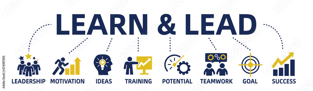 learn and lead concept web banner with icons and keywords learn and lead concept web banner with icons and keywords