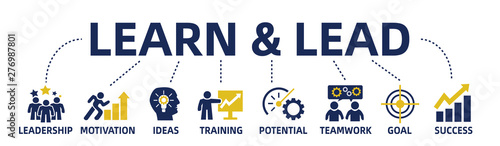 learn and lead concept web banner with icons and keywords