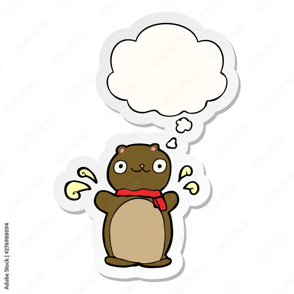 cartoon happy teddy bear and thought bubble as a printed sticker cartoon happy teddy bear and thought bubble as a printed sticker