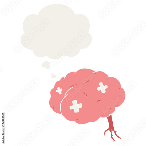 cartoon injured brain and thought bubble in retro style