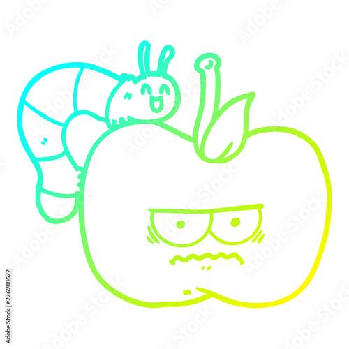 cold gradient line drawing cartoon cranky apple and caterpillar