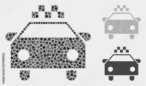 Collage Taxi car icon organized from spheric and square elements in variable sizes, positions and proportions. Vector spheric and square elements are grouped into abstract illustration taxi car icons.