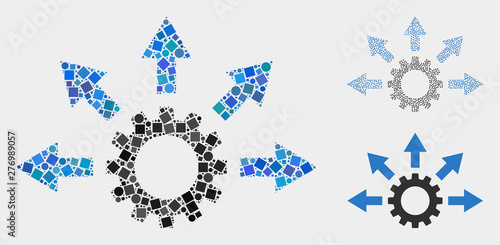 Collage Gearwheel distribution icon designed from circle and square items in various sizes, positions and proportions.