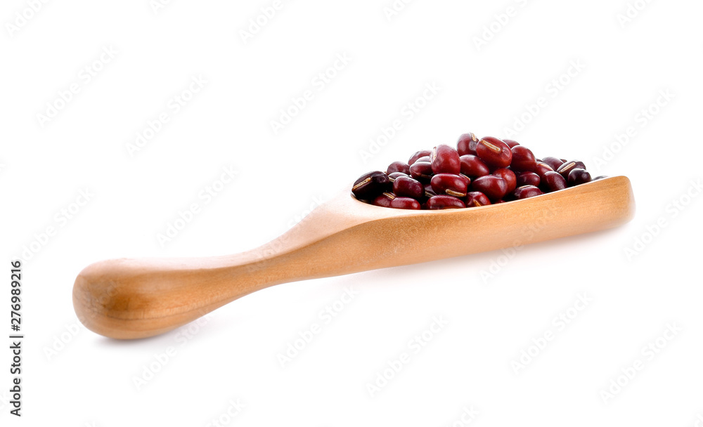 Red bean seeds In wood scoop on white background Red bean seeds In wood scoop on white background