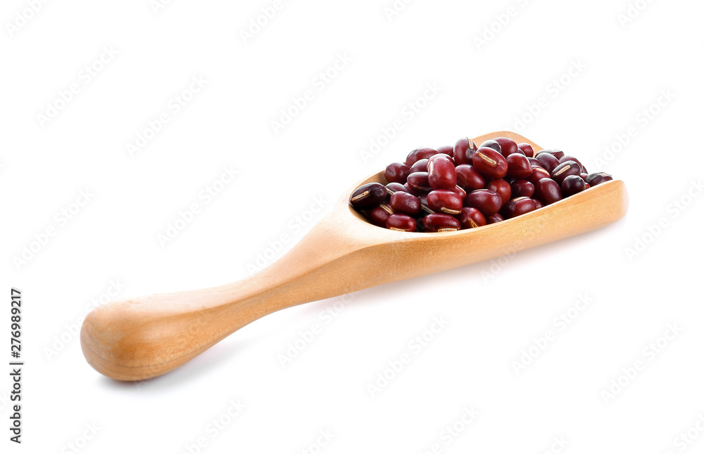 Red bean seeds In wood scoop on white background Red bean seeds In wood scoop on white background